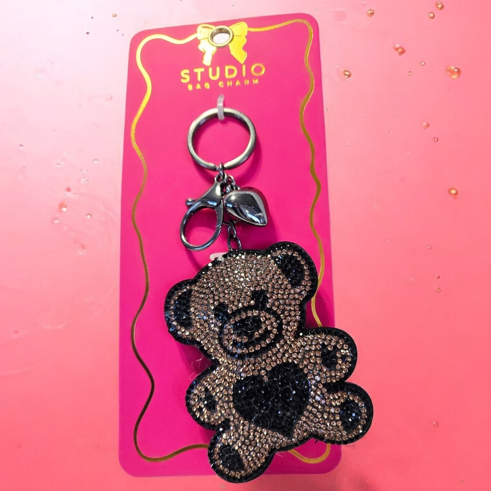 NEW Studio Black and Gold Teddy Bear Bag Charm / Keychain 6 Inches New With Tags